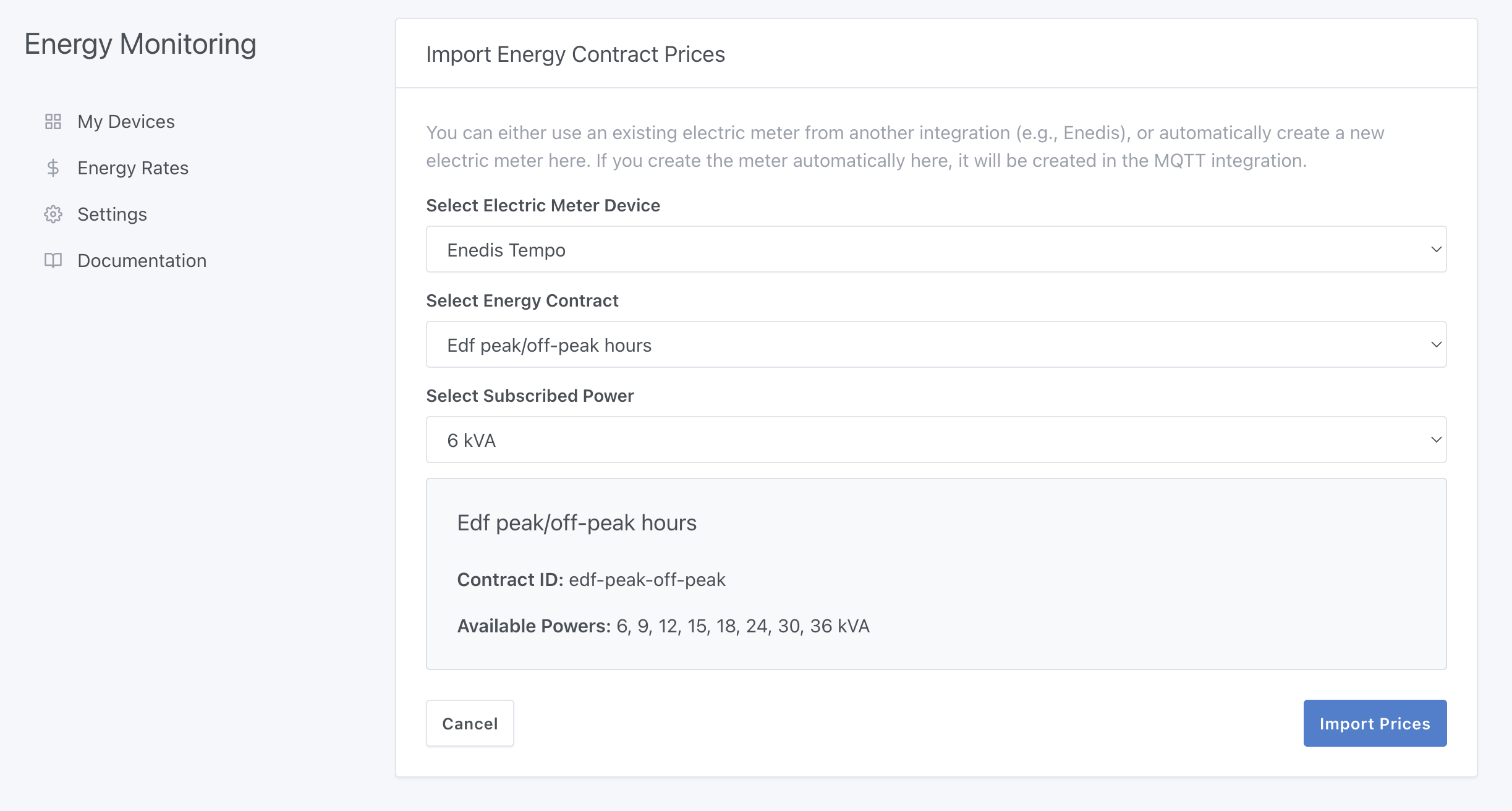 Energy monitoring create import price