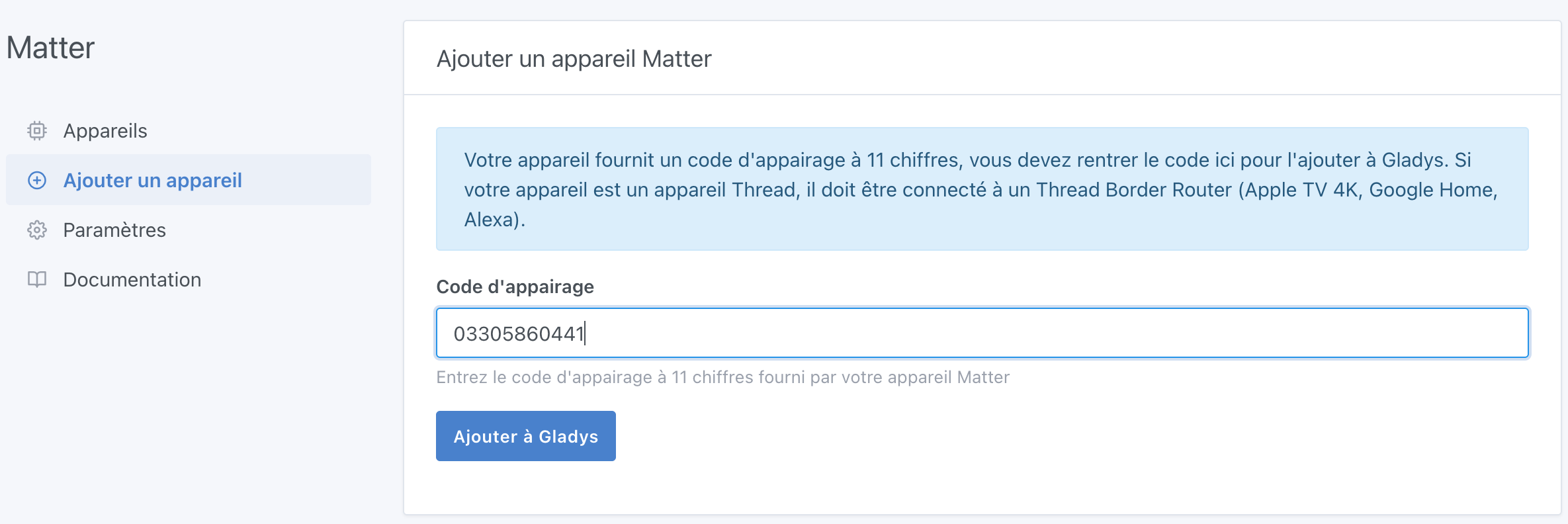 Gladys add pairing code