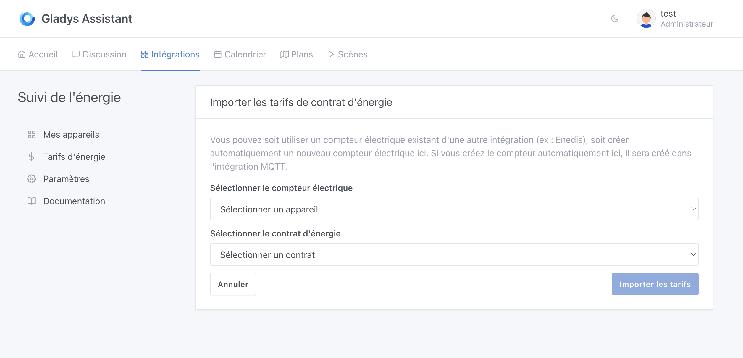Suivi de l'énergie création import prix