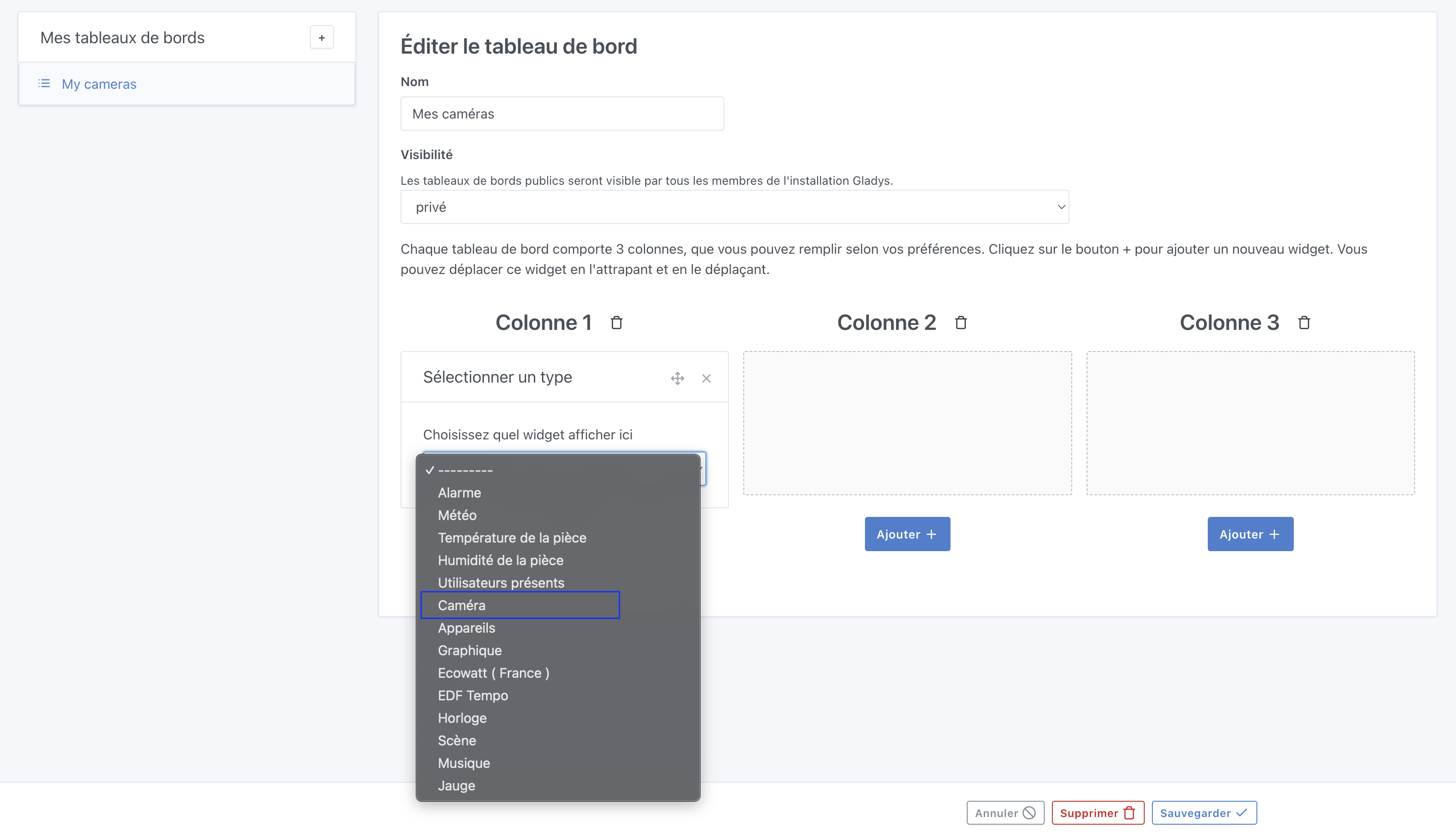 Ajouter le widget caméra à Gladys